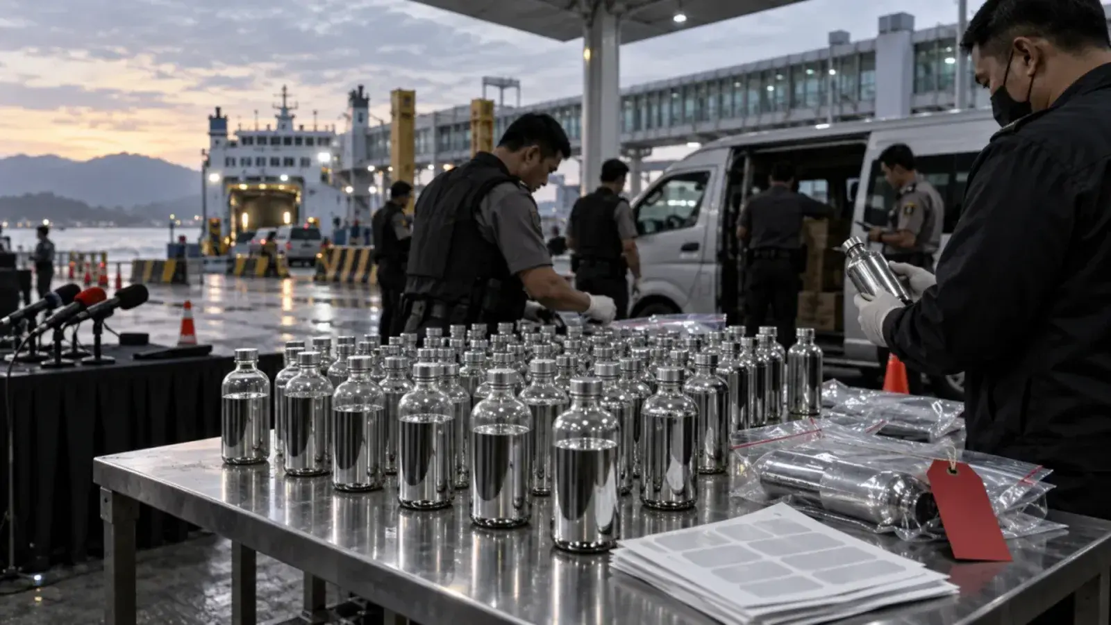 Police officers inspecting passenger bus cargo at the Bakauheni ferry terminal in South Lampung, with sealed bottles of seized evidence on a table